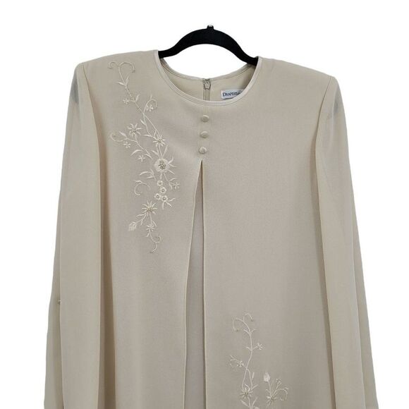 Vtg Draper's & Damon's Dress Formal Modest Caped Shift Embroidered Cream Sz MP - Picture 6 of 9